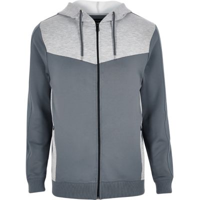 Grey colour block zip hoodie
